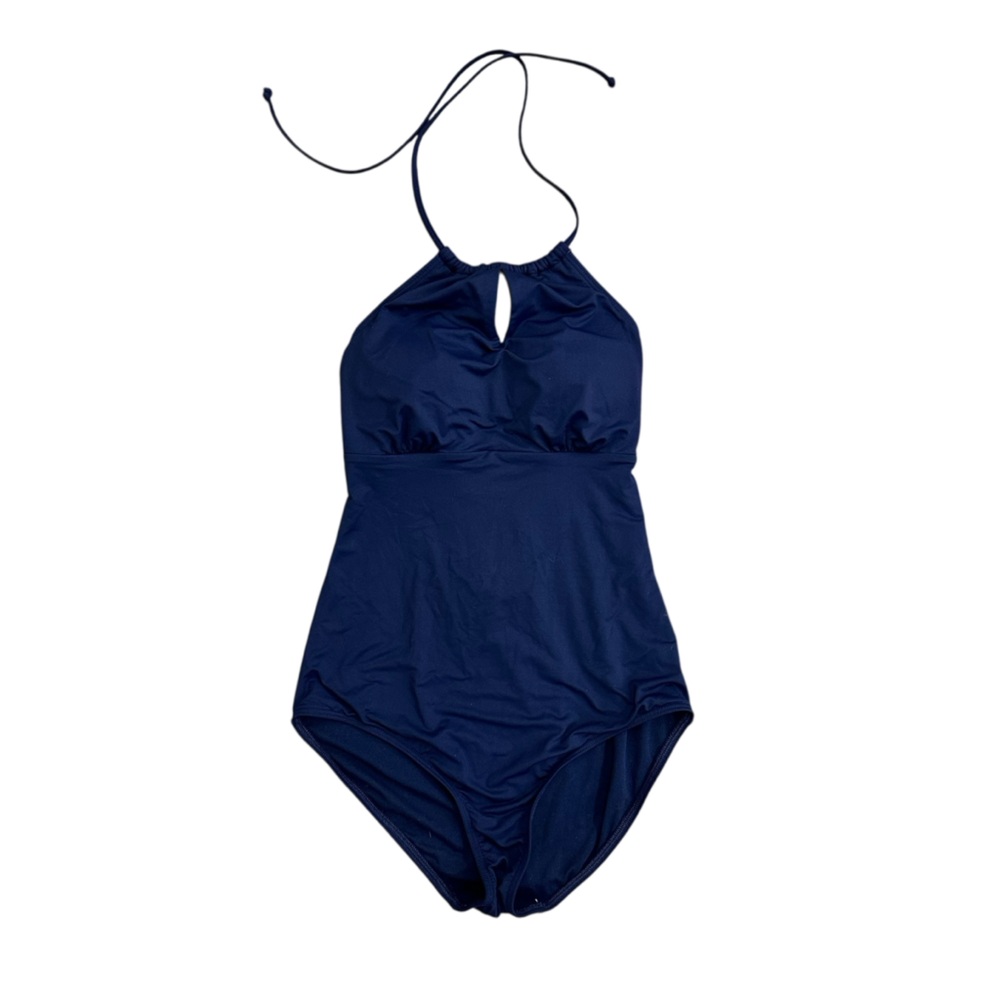 Athleta High Neck Key Hole One Piece Swim Suit Strappy‎ Navy Blue Size Small